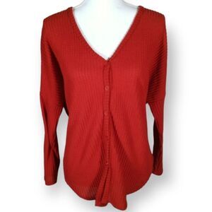 LIVE IN THE MOMENT BURNT ORANGE WAFFLE KNIT V-NECK SWEATER SZ.M EUC